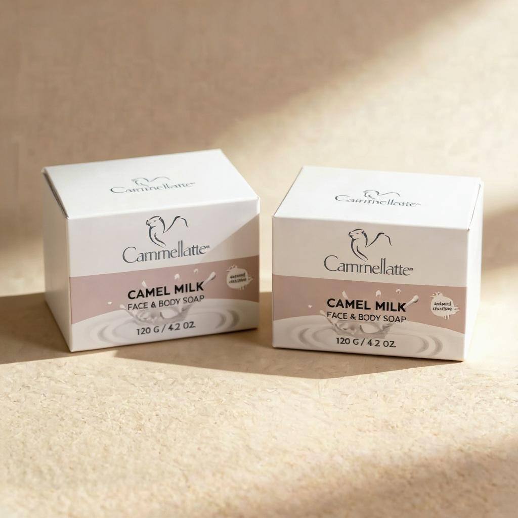 Two white boxes of Cammellatte Camel Milk Face & Body Soap Subscription (120g each) sit on a beige surface in soft sunlight—a nourishing camel milk soap by Cammellatte, perfect as a shower gel alternative.