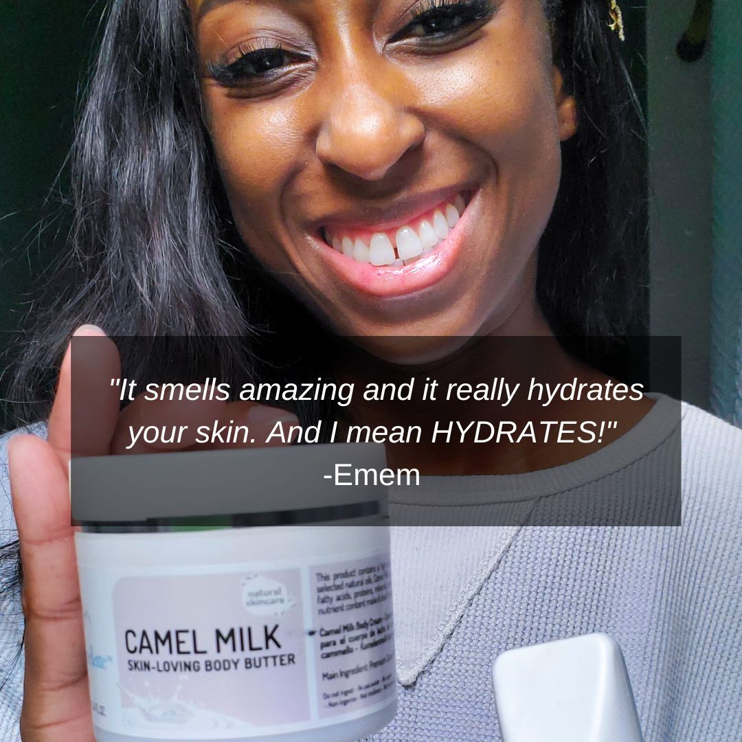 A smiling woman holds a jar of Cammellatte Camel Milk Body Butter. A quote reads: It smells amazing and really hydrates your skin. And I mean HYDRATES! - Emem. Experience natural shea butter nourishment.