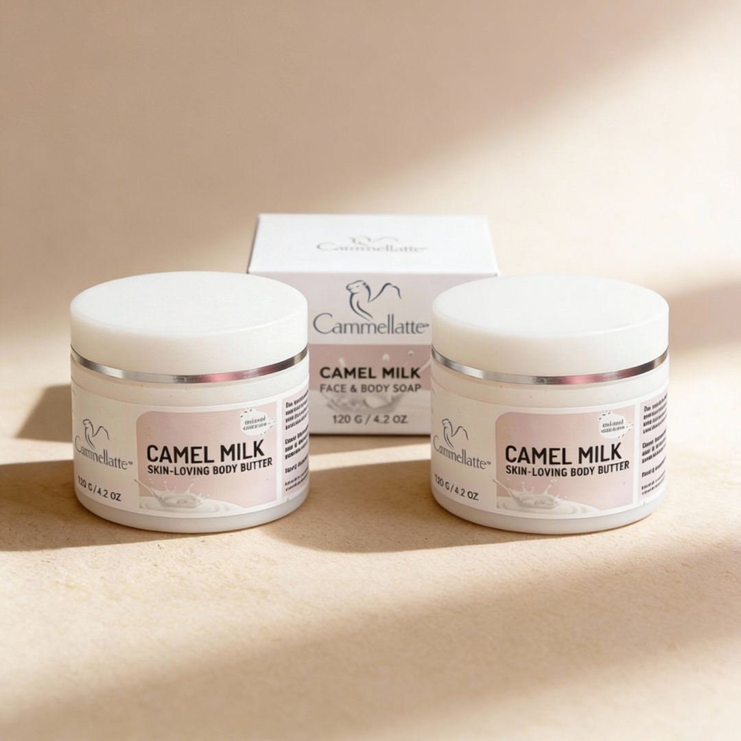 Two jars of Cammellatte Skin-Renew Ritual are shown on a beige surface with a matching box in the background, all bathed in soft natural lightāideal for nourishing crepey skin and revealing smoother, healthier skin.