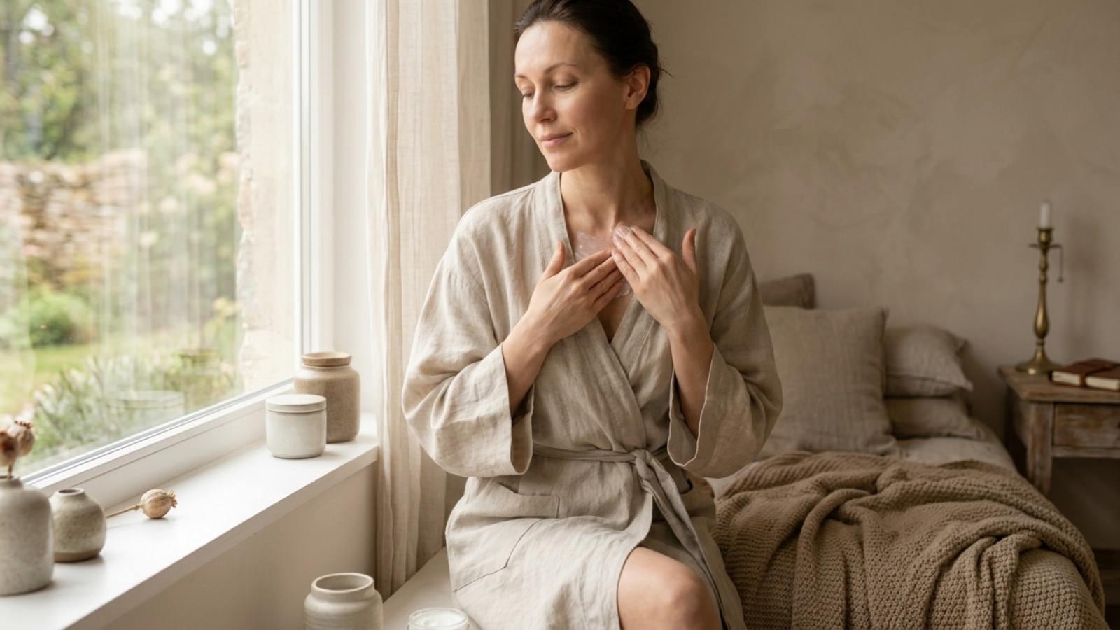 Woman applying natural camel milk cream to her chest and décolletage