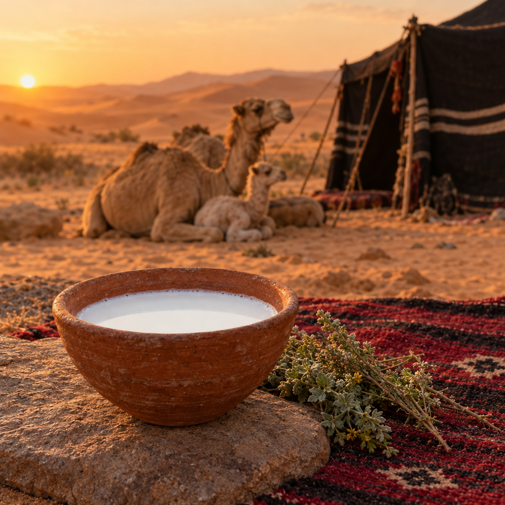 Bowl of fresh camel milk in the desert with a mother camel and calf