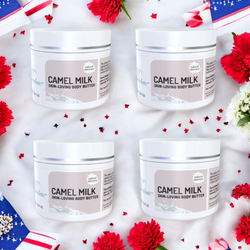 The Cammellatte Independence Bundle (Body Butter 4 Pack) is displayed in a square on a white background with red, white, and blue flowers and star-shaped confetti.