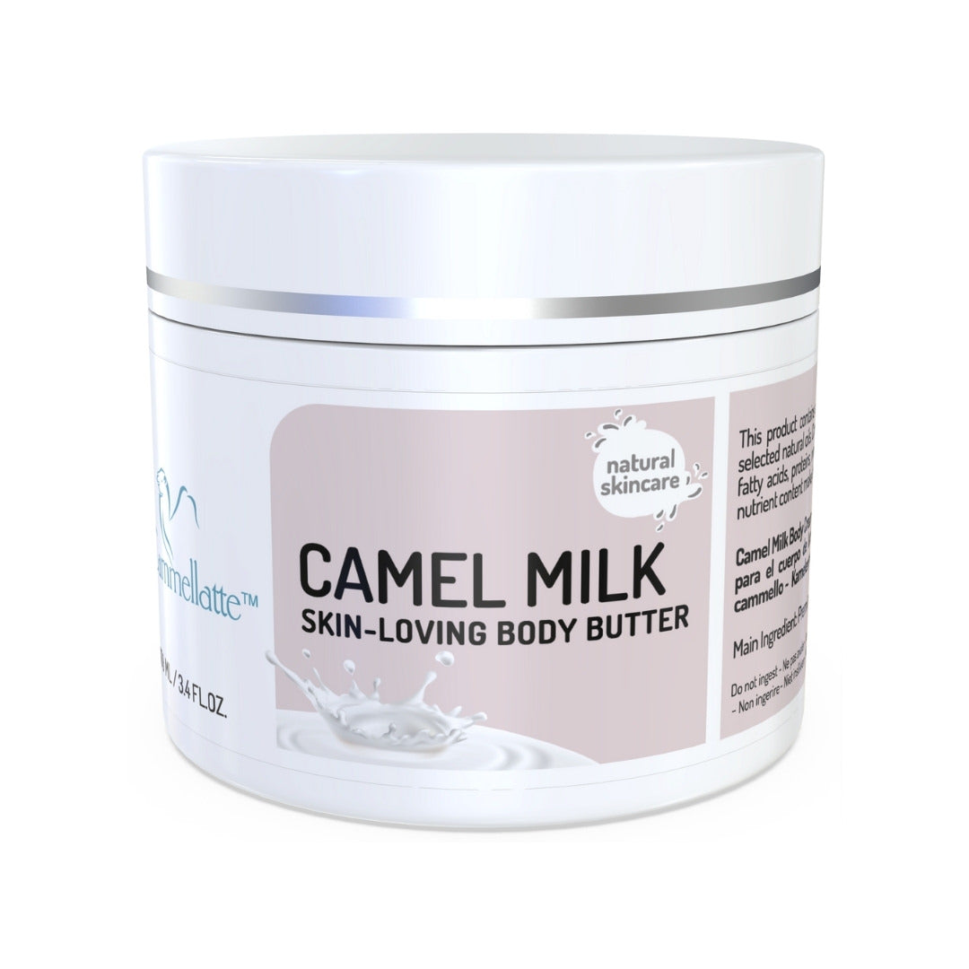 A white jar of Cammellatte Camel Milk Body Butter with a beige label featuring a splash of milk graphic and text. The label highlights "natural body butter" and nourishing ingredients such as shea butter.