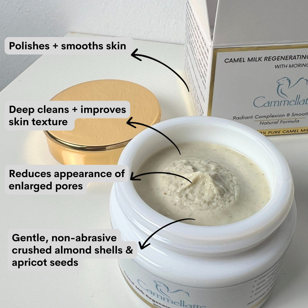 Open the Cammellatte Camel Milk Regenerating Face Exfoliator With Moringa featuring a gold lid. This cream promises luminous skin by gently polishing and smoothing, deep cleaning, and minimizing enlarged pores with crushed almond shells and apricot seeds as exfoliants.