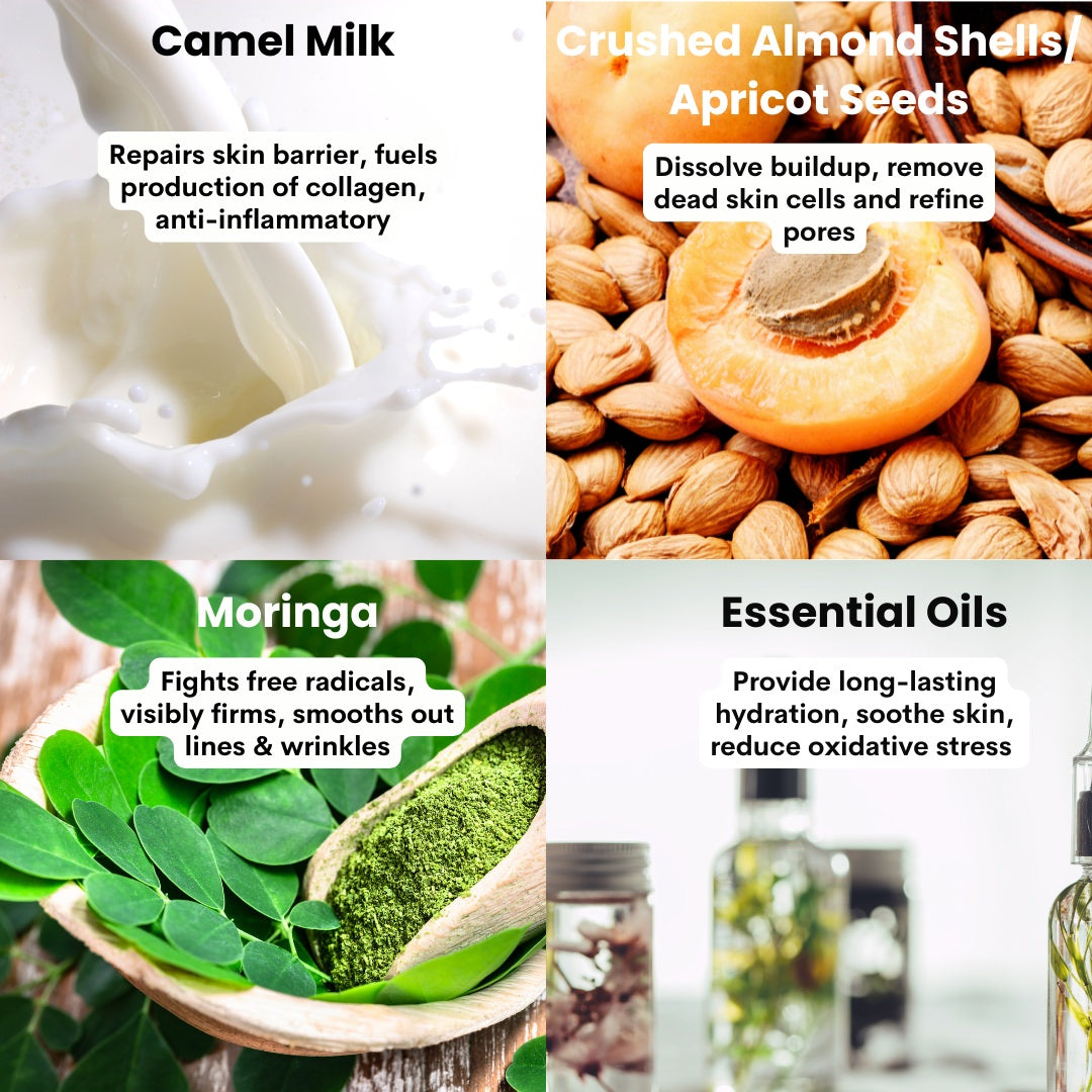 A collage of four images showcases Cammellattes Camel Milk Regenerating Face Exfoliator With Moringa: camel milk splashing for luminous skin, apricot seeds for gentle exfoliation, moringa for a smooth texture, and essential oils highlighting hydration benefits.
