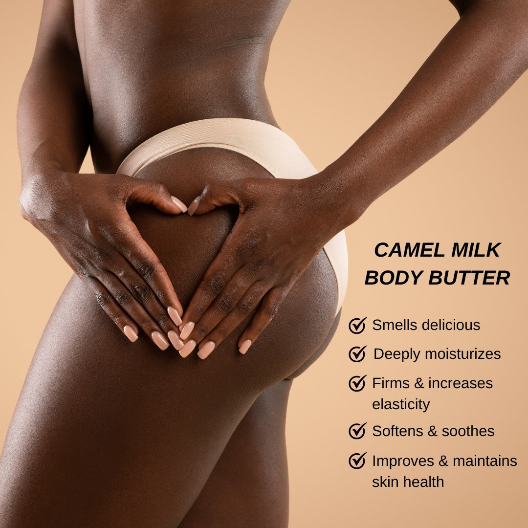 A person in beige underwear shapes a heart with their hands on their hip. Featuring camel milk as a key ingredient, Cammellatte's Camel Milk Body Butter offers a delicious scent while deeply moisturizing, firming, and enhancing skin elasticity. It softens, soothes, and boosts skin health for a radiant glow.