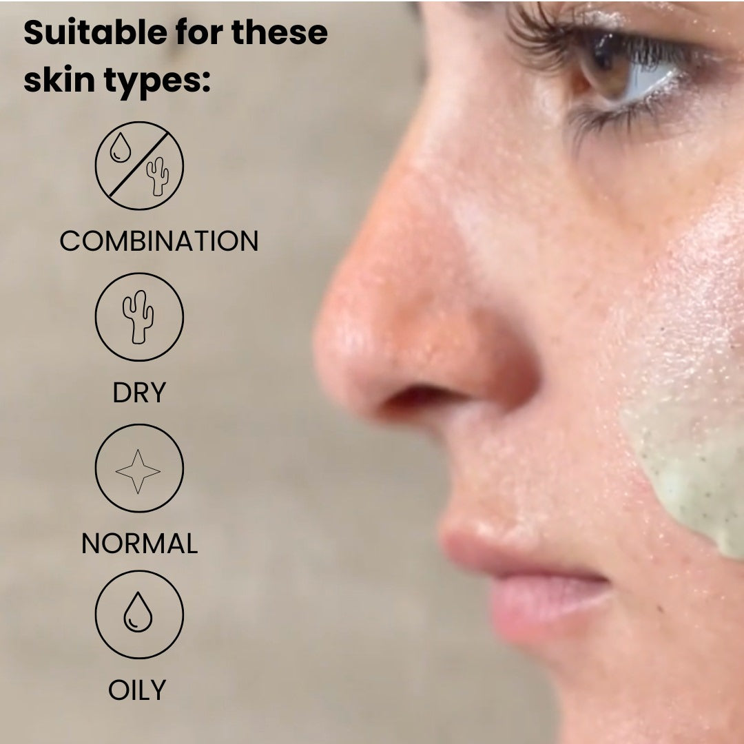 A close-up of a cheek with Camel Milk Regenerating Face Exfoliator With Moringa by Cammellatte promises luminous skin. Text on the left reads Suitable for these skin types: with icons showing combination, dry, normal, and oily skin.