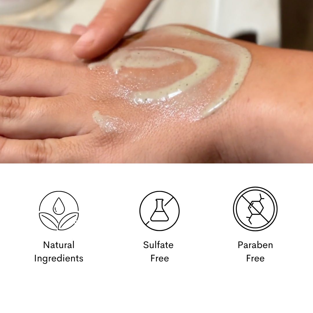 A hand applies Cammellattes Camel Milk Regenerating Face Exfoliator With Moringa on the back of another hand. Below, three icons represent its benefits: a leaf for Natural Ingredients, a beaker for Sulfate Free, and a crossed-out jar for Paraben Free, promising luminous skin.