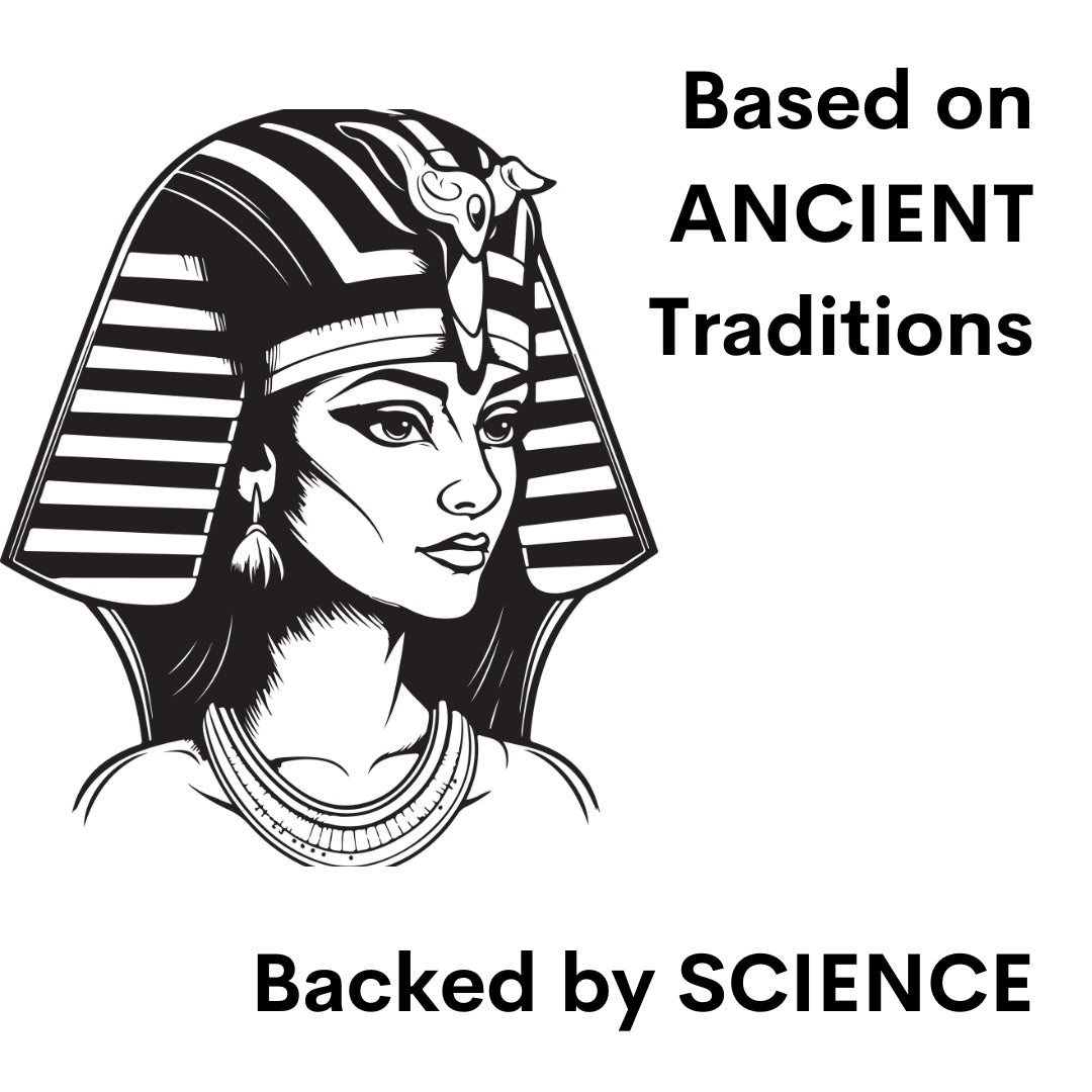 The Cammellatte Camel Milk Regenerating Face Exfoliator with Moringa features an illustration of an ancient Egyptian figure with a striped headdress and jewelry. The text reads, Based on ANCIENT Traditions above and Backed by SCIENCE below, promising luminous skin and a smooth texture.