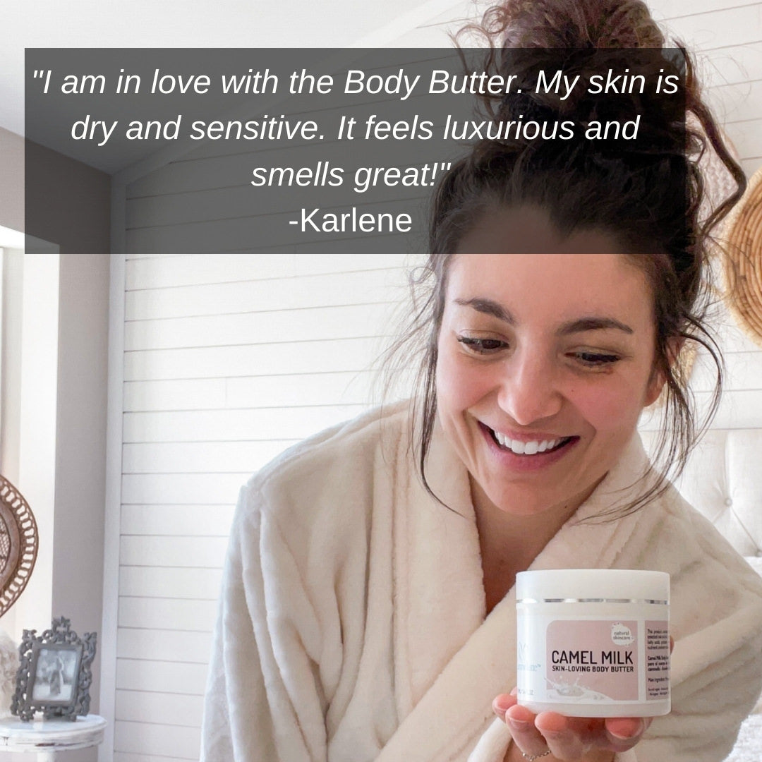 A smiling woman in a white robe holds a jar of Cammellatte Camel Milk Body Butter. Above her: "I am in love with this natural body butter. My skin is dry and sensitive. It feels luxurious and smells great!" – Karlene.