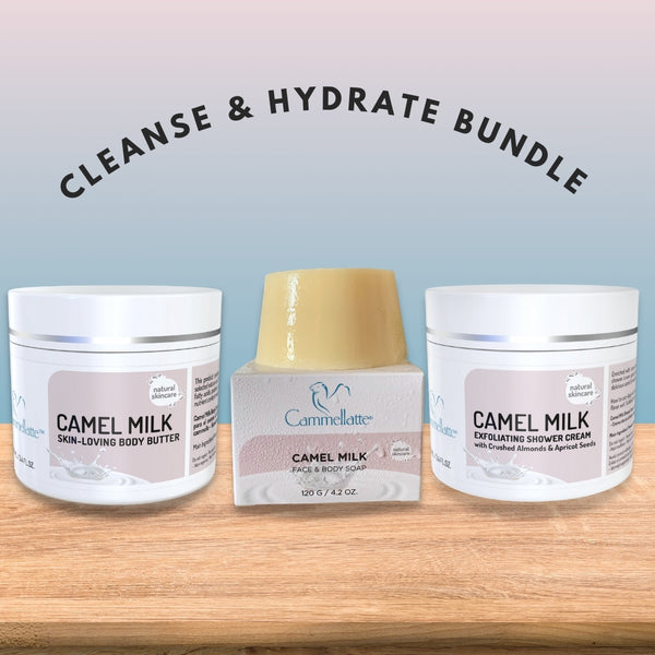 The Cleanse & Hydrate Bundle by Cammellatte includes Camel Milk Body Butter, Camel Milk Soap, and Exfoliating Shower Cream with crushed almonds and apricot seeds.