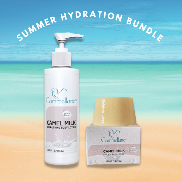 Introducing the Summer Hydration Bundle by Cammellatte: A perfect duo featuring a bottle of Camel Milk Body Lotion equipped with a pump dispenser and a box of Camel Milk Face & Body Soap. Set against a beach-themed background, this bundle is ideal for moisturizing and enhancing skin elasticity, promoting youthful-looking skin.