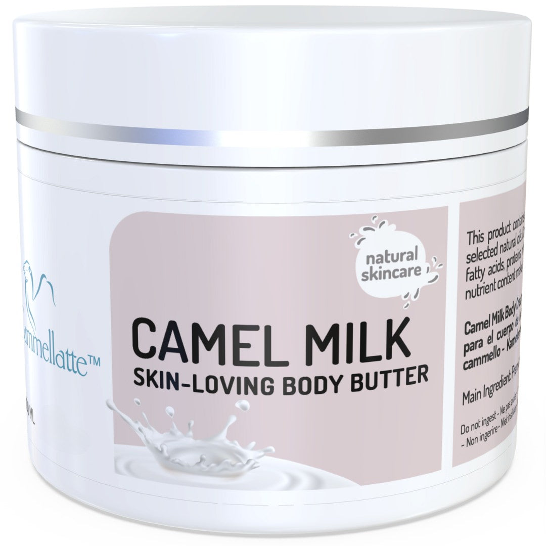 Introducing Cammellatte's Camel Milk Body Butter, a skin-loving body butter enriched with camel milk. It features a white lid and label adorned with a milk splash graphic, emphasizing the benefits of natural skincare.