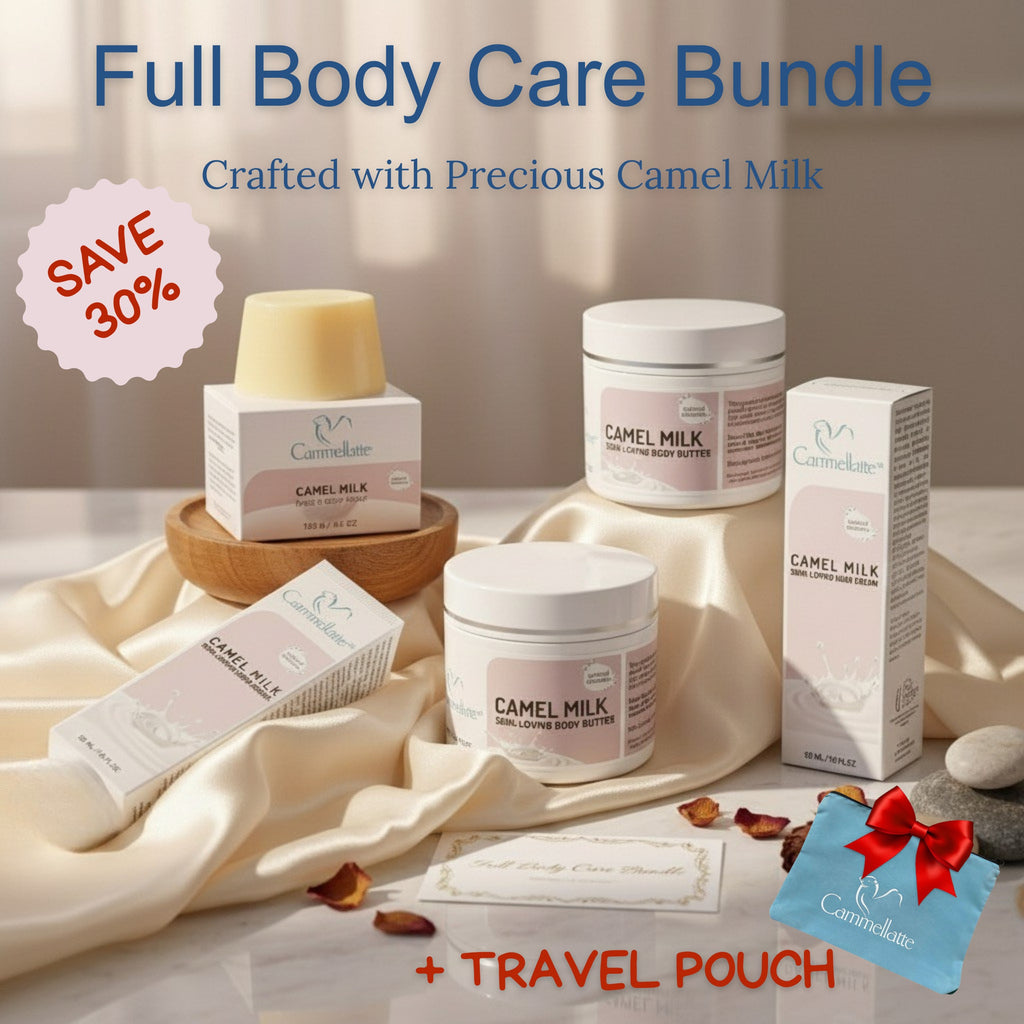 Cammellatte Full Body Care Bundle—including camel milk soap, body butter, and hand cream—is displayed on a table with rose petals. A red 
