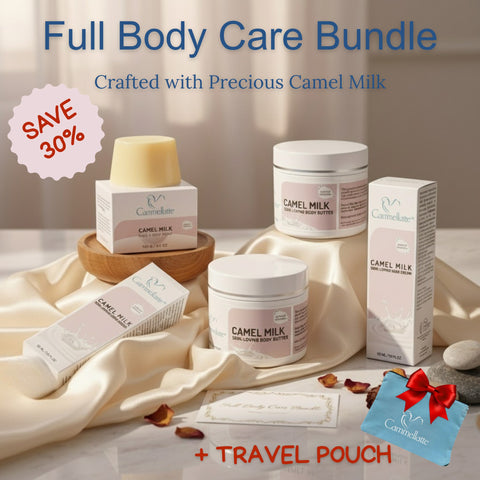 Cammellatte Full Body Care Bundle—including camel milk soap, body butter, and hand cream—is displayed on a table with rose petals. A red 