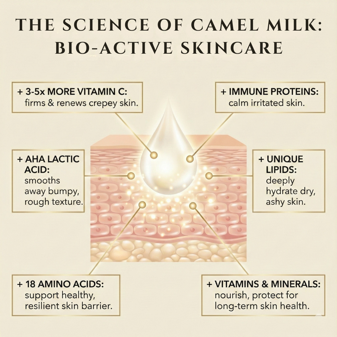 An infographic titled The Science of Camel Milk: Bio-Active Skincare features a drop above skin layers, highlighting benefits in Cammellatte Camel Milk Body Butter such as vitamin C, AHA lactic acid, amino acids, unique lipids, vitamins, and minerals.