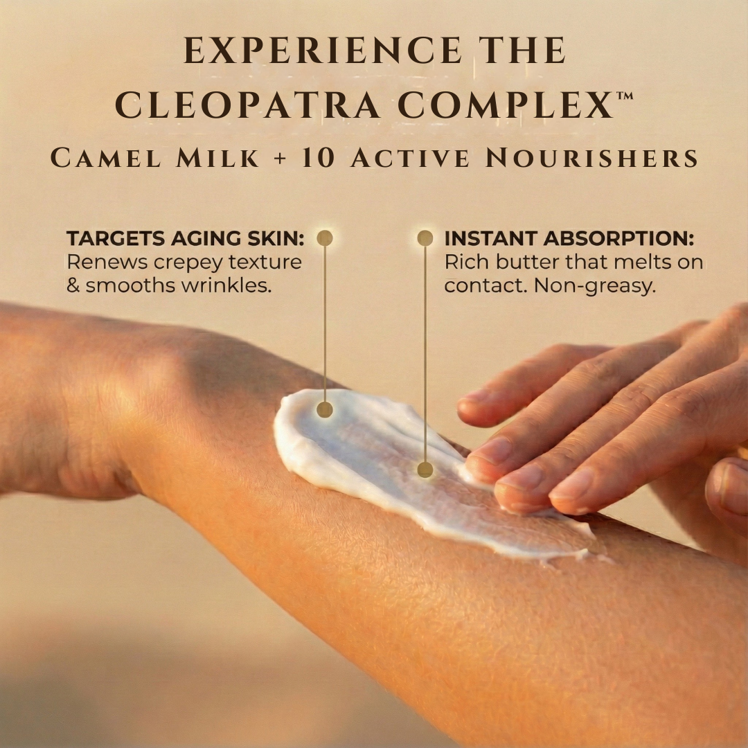 A hand applies Cammellatte Camel Milk Body Butter to a forearm. The text highlights its quick absorption and anti-aging benefits. Formulated with shea butter, camel milk, and 10 active nourishers for radiant skin.
