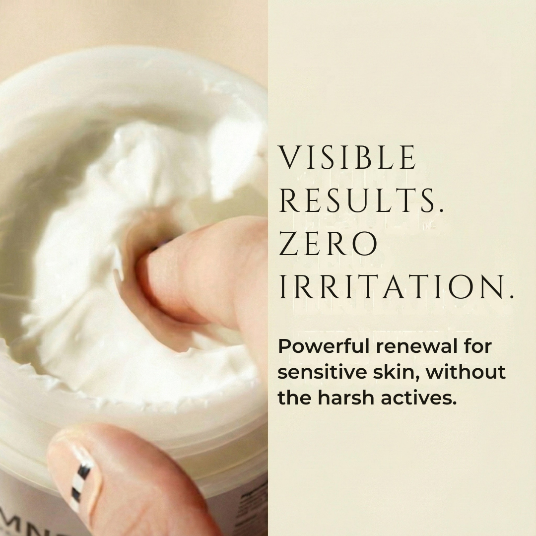 A hand dips a finger into a white cream jar. Text reads: Visible results with zero irritation. Cammellatte Camel Milk Body Butter delivers powerful renewal for sensitive skin—pure nourishment, no harsh actives.