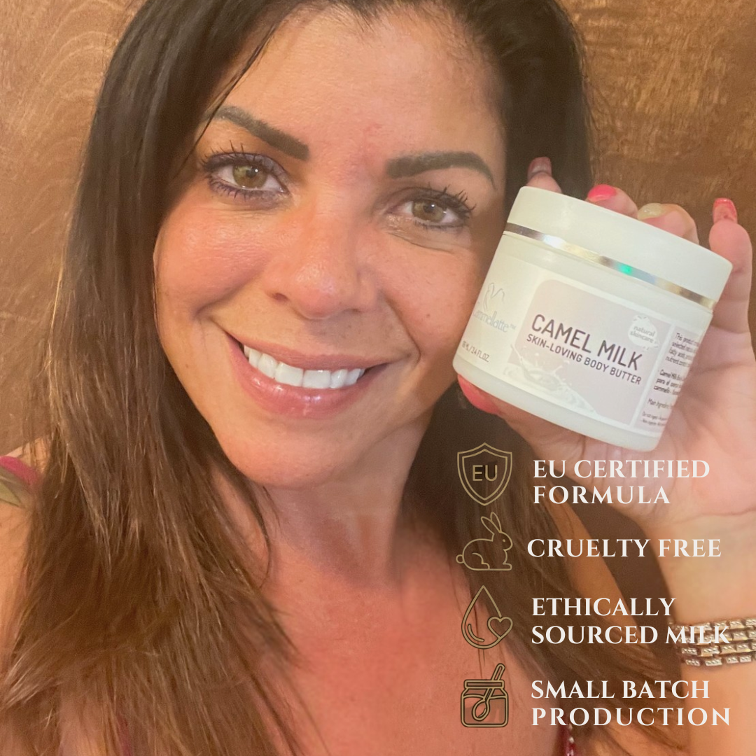 A smiling woman holds a jar of Cammellatte Camel Milk Body Butter. Text highlights: EU certified, cruelty free, ethically sourced camel milk, small-batch made, and nourishing natural body butter with shea butter.