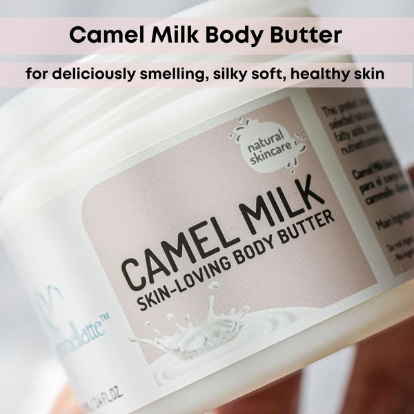 Close-up of a jar of Camel Milk Body Butter by Cammellatte. The label emphasizes the skincare benefits of camel milk, offering a delightful fragrance and silky smooth, healthy skin. The background partially shows the product description.