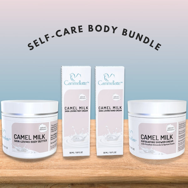 Explore the luxurious Cammellatte Self-Care Body Bundle with indulgent camel milk products, including body butter, exfoliating Camel Milk Shower Cream, and nourishing foot and hand creams. Elegantly displayed on a wooden surface with prominent product images and branding.