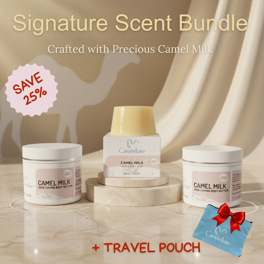 Cammellatte’s Signature Scent Bundle features a moisturizing Body Butter and Camel Milk Soap, all with a blue travel pouch. Get 25% off this camel milk skincare set, perfect for sunlit days and on-the-go pampering.