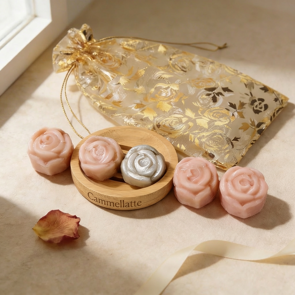 The Cammellatte Soap Ritual Gift Set features five rose-shaped soaps—four pink and one silver—displayed on a light surface with the silver soap in a round wooden dish and a gold floral organza bag in the background.