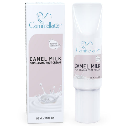 Cammellatte Foot Care Bundle includes a 50ml camel milk foot cream with a camel logo and milk splash design, highlighting natural skincare and a deeply hydrating formula for dry, cracked feet.