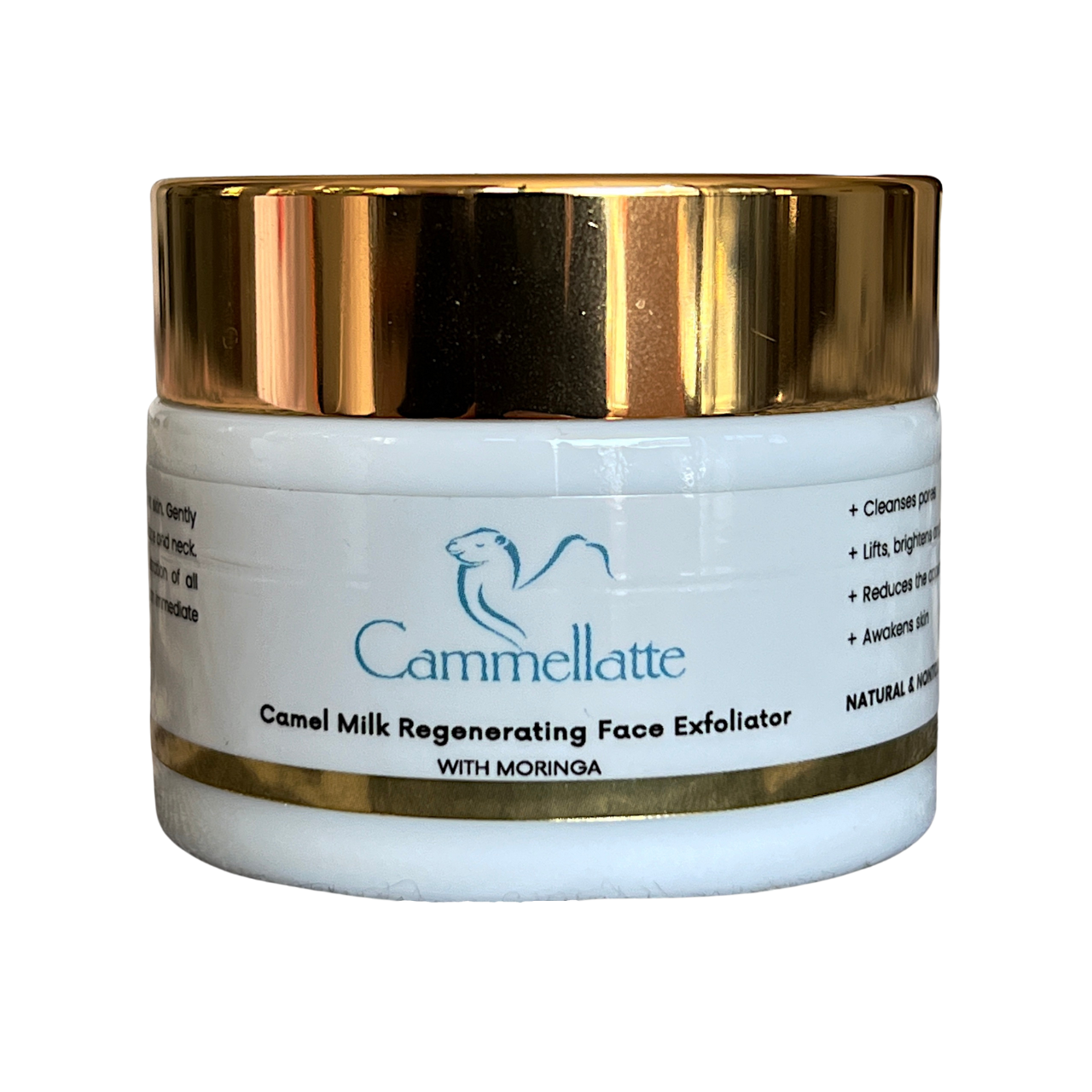 A jar of Cammellatte Camel Milk Regenerating Face Exfoliator With Moringa, adorned with a gold lid and white label, emphasizes the rejuvenating powers of camel milk in small black text and a blue logo.