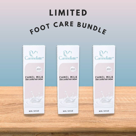 Three boxes of Cammellatte Foot Care Bundle are arranged on a wooden surface with LIMITED FOOT CARE BUNDLE above them on a blue-pink background—perfect for deeply hydrating and soothing dry, cracked feet.