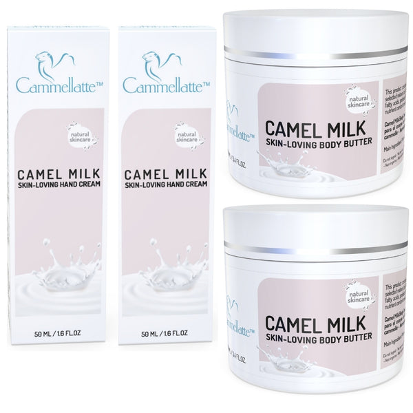 Image of the His and Hers Bundle by Cammellatte features their camel milk-infused line. The bundle includes products with packaging showcasing a splash of milk graphic, highlighting the nourishing qualities of camel milk.