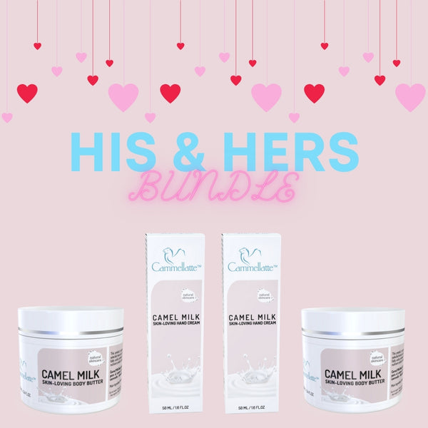 A Cammellatte His and Hers Bundle image features luxurious body butter and hand cream enriched with camel milk. The set contains two jars of indulgent body butter and two boxes of silky hand cream, all set against a pink backdrop decorated with hearts hanging in various hues of pink and red.